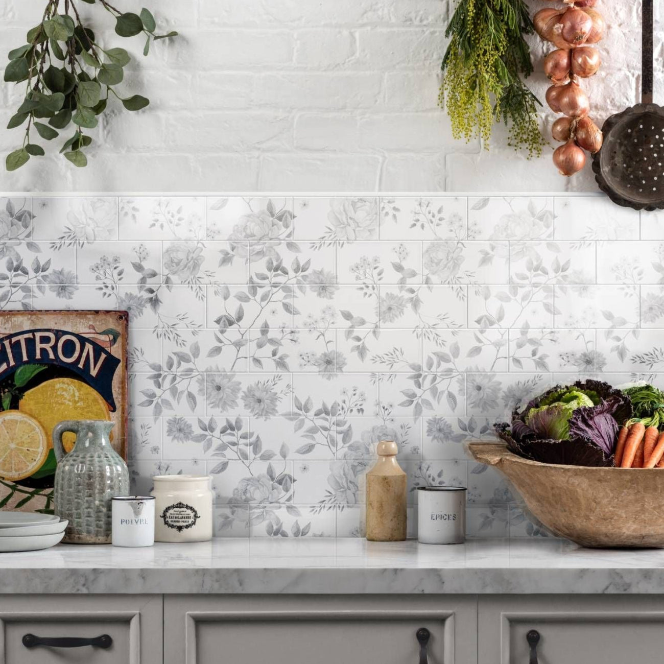Image of Cottage Garden Brick-bond Grey 18-tile panel wall tile 45.6x45.6cm-Ceramic wall tile-Original Style-Tile.co.uk