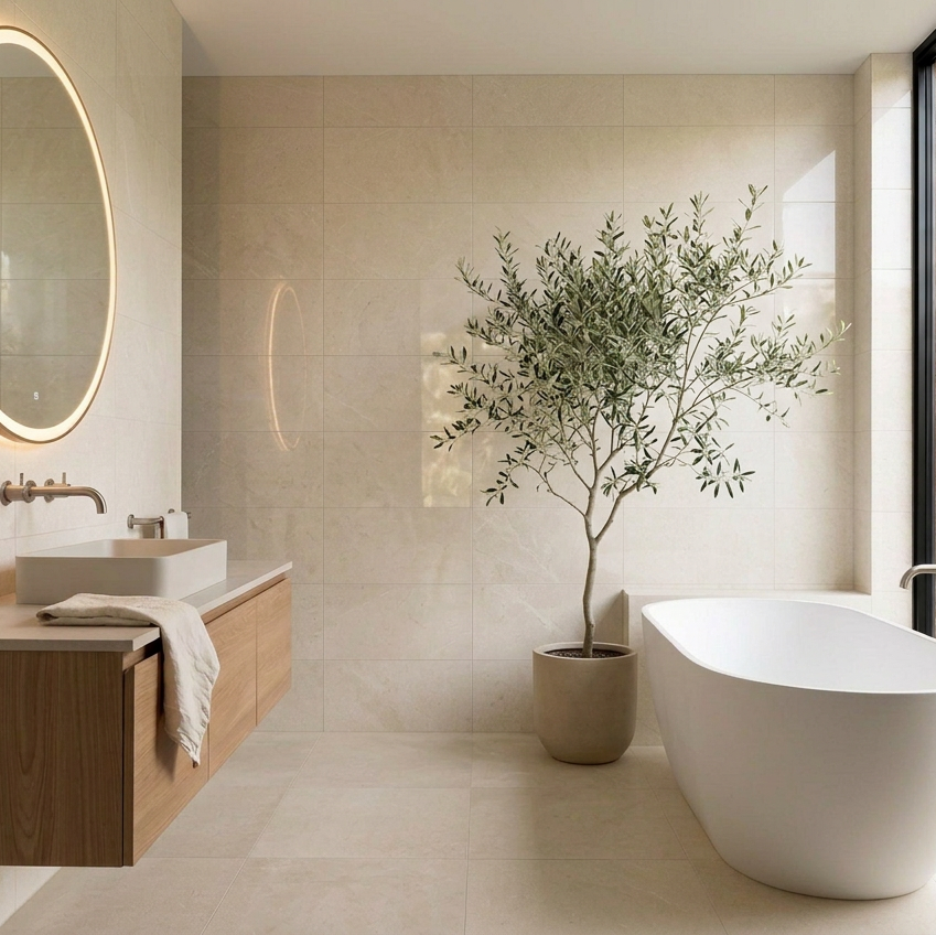 Image of Creamy tiled bathroom with an illuminated mirror and a larger olive tree