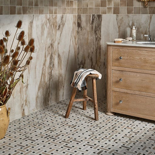 East Village Porcelain Basketweave Mosaic Oro - 31.5 x 31.5 x 1.0cm-Ca Pietra-Tile.co.uk