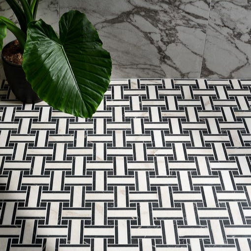 East Village Porcelain Basketweave Mosaic Bianco - 31.5 x 31.5 x 1.0cm-Ca Pietra-Tile.co.uk