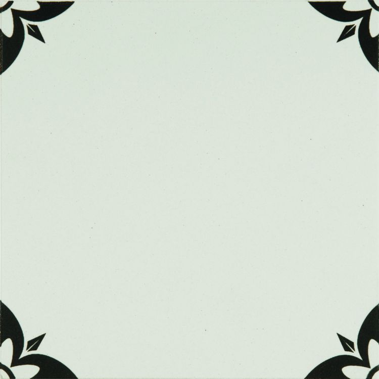 Image of White tile with black floral patterns on a white background