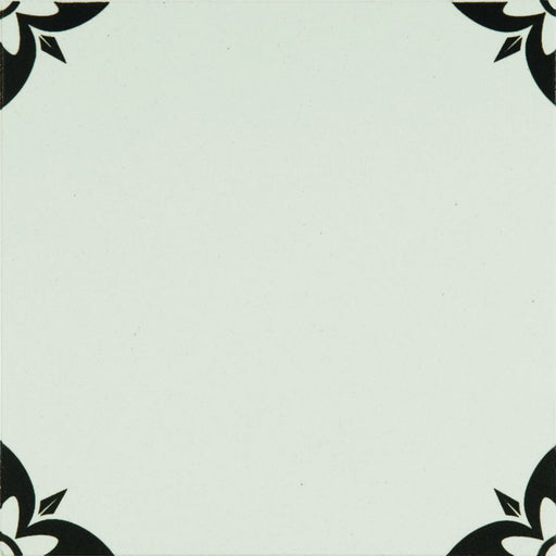 White tile with black floral patterns on a white background