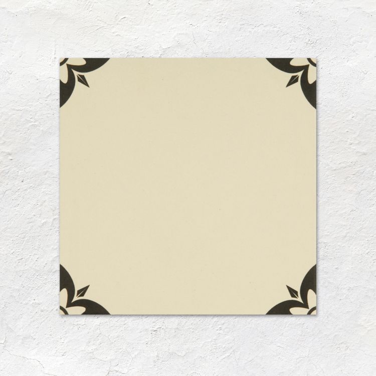 Image of Beige square with black floral corners on a textured white background