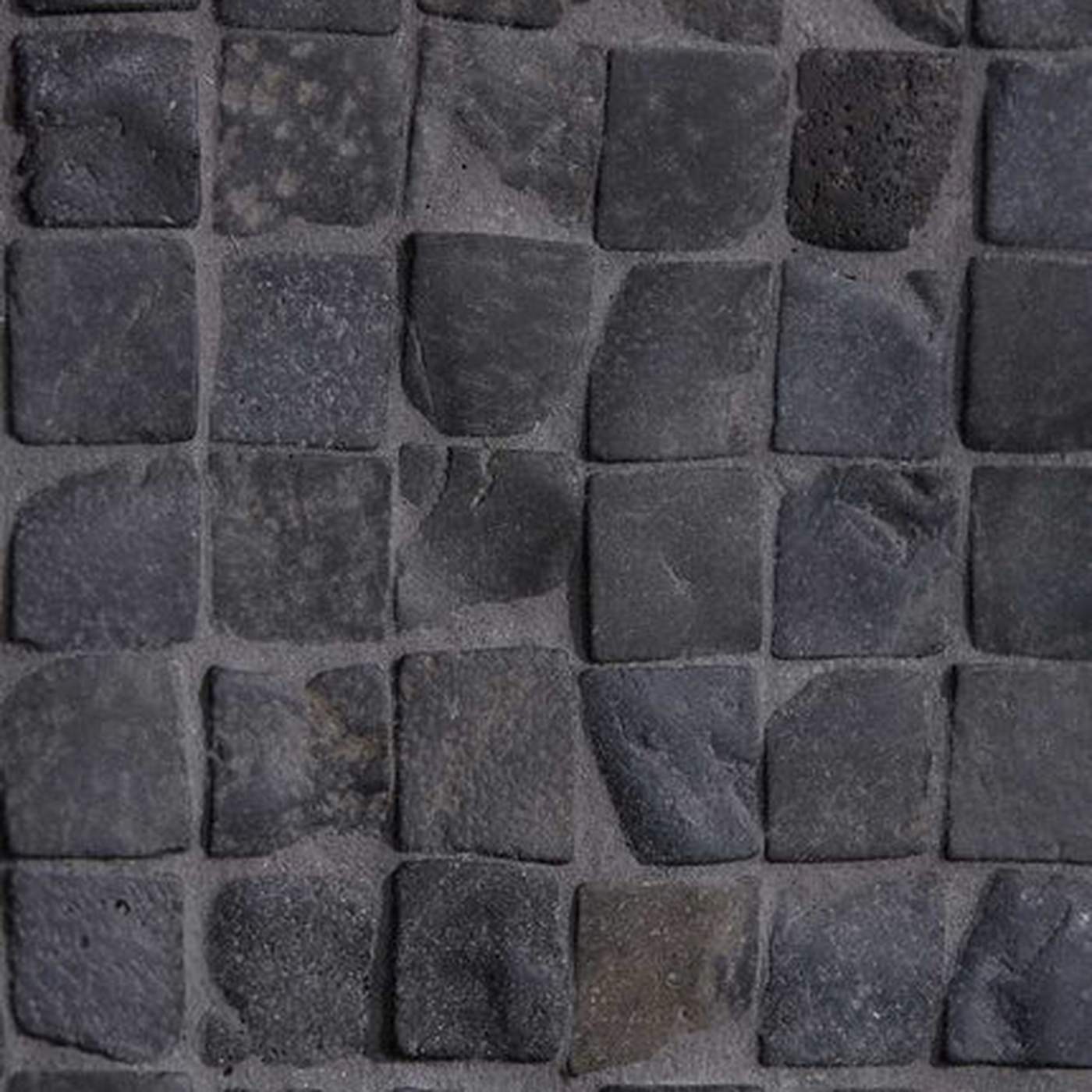 Image of Dark gray stone mosaic tile pattern with irregular square cobblestones in a grid layout.