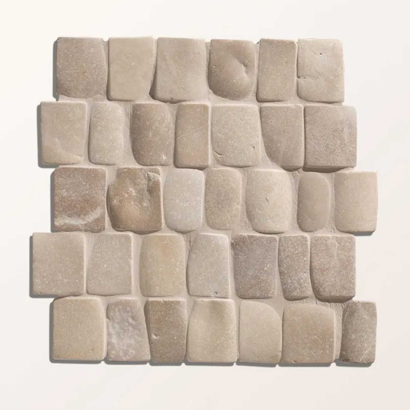 Image of A square sample of beige stone mosaic tiles with a textured, irregular block pattern, shown against a plain off-white background.