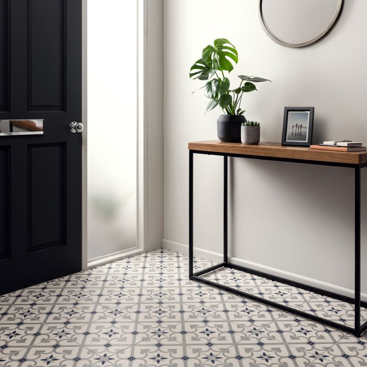 Hallway with patterned floor tiles in blue and grey, featuring a console table with potted plants and a round mirror on the wall.