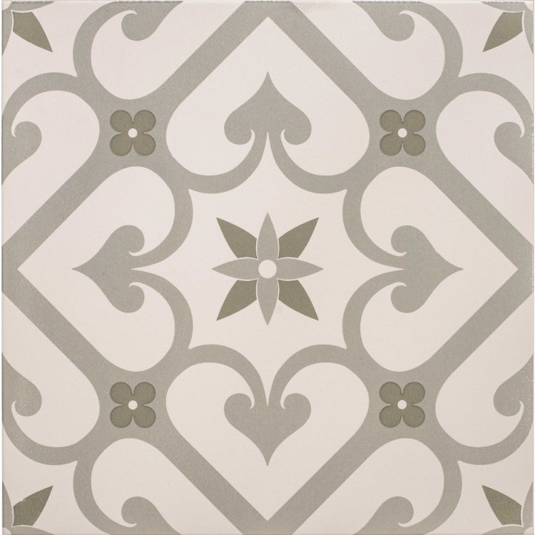 Image of Square tile with a soft green and grey floral trellis pattern on a chalk‑coloured background