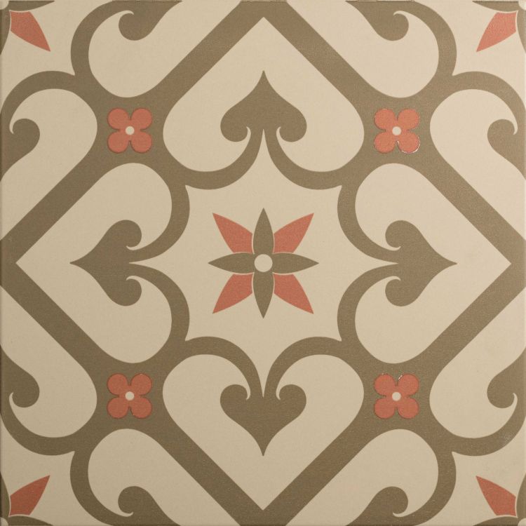 Image of Square tile with a trellis-style pattern in warm taupe and rose tones, featuring a central floral motif and small four‑petal accents
