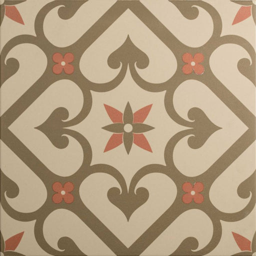 Square tile with a trellis-style pattern in warm taupe and rose tones, featuring a central floral motif and small four‑petal accents