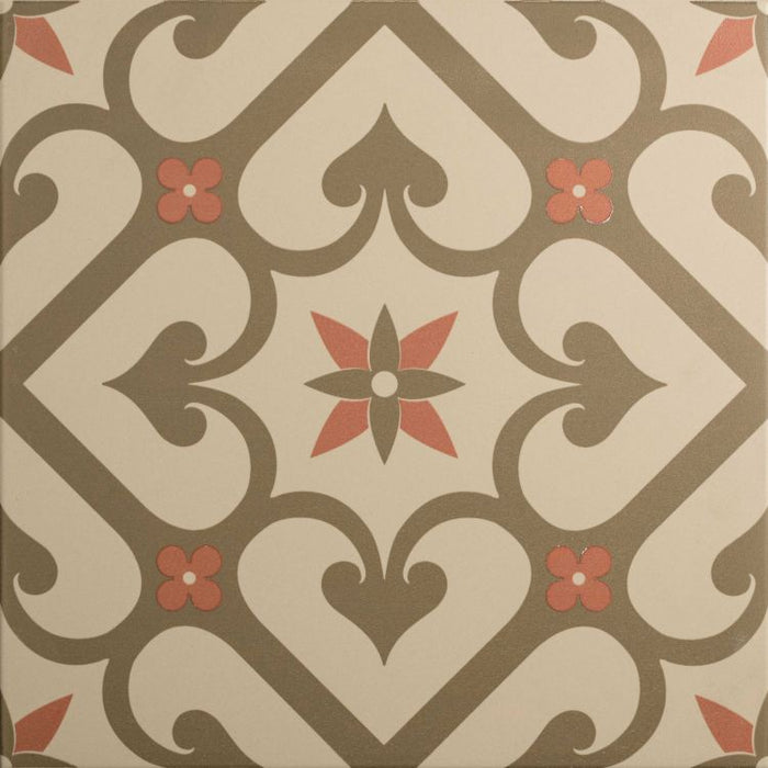 Square tile with a trellis-style pattern in warm taupe and rose tones, featuring a central floral motif and small four‑petal accents