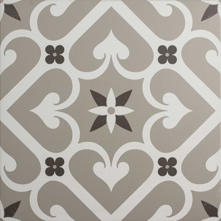 Image of Square tile with a grey and white trellis pattern featuring a central floral motif and small dark grey accents.