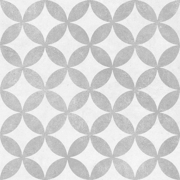 Image of Grey and white tile pattern featuring interlocking circular petal shapes in a repeating geometric design