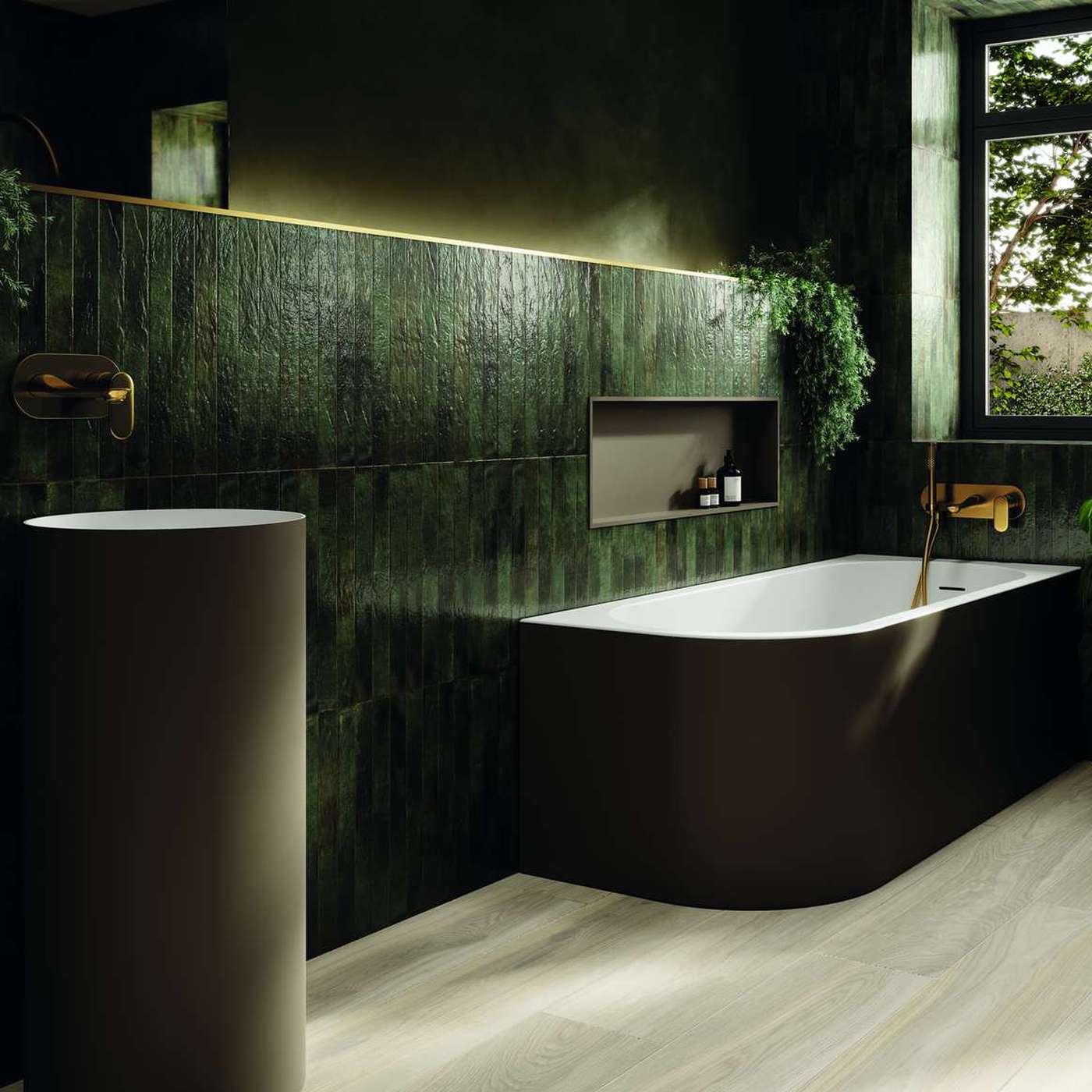 Image of A modern freestanding bathtub with a matte dark finish and a white interior, shown in a stylish bathroom with dark green textured walls, a matching cylindrical sink, and a window with plants.