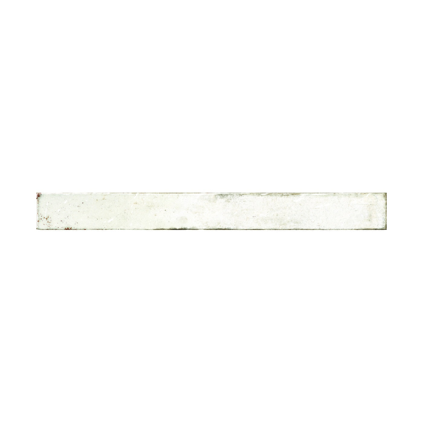 Image of A rectangular, distressed white ceramic tile with subtle gray and brown speckling, shown horizontally against a solid white background.