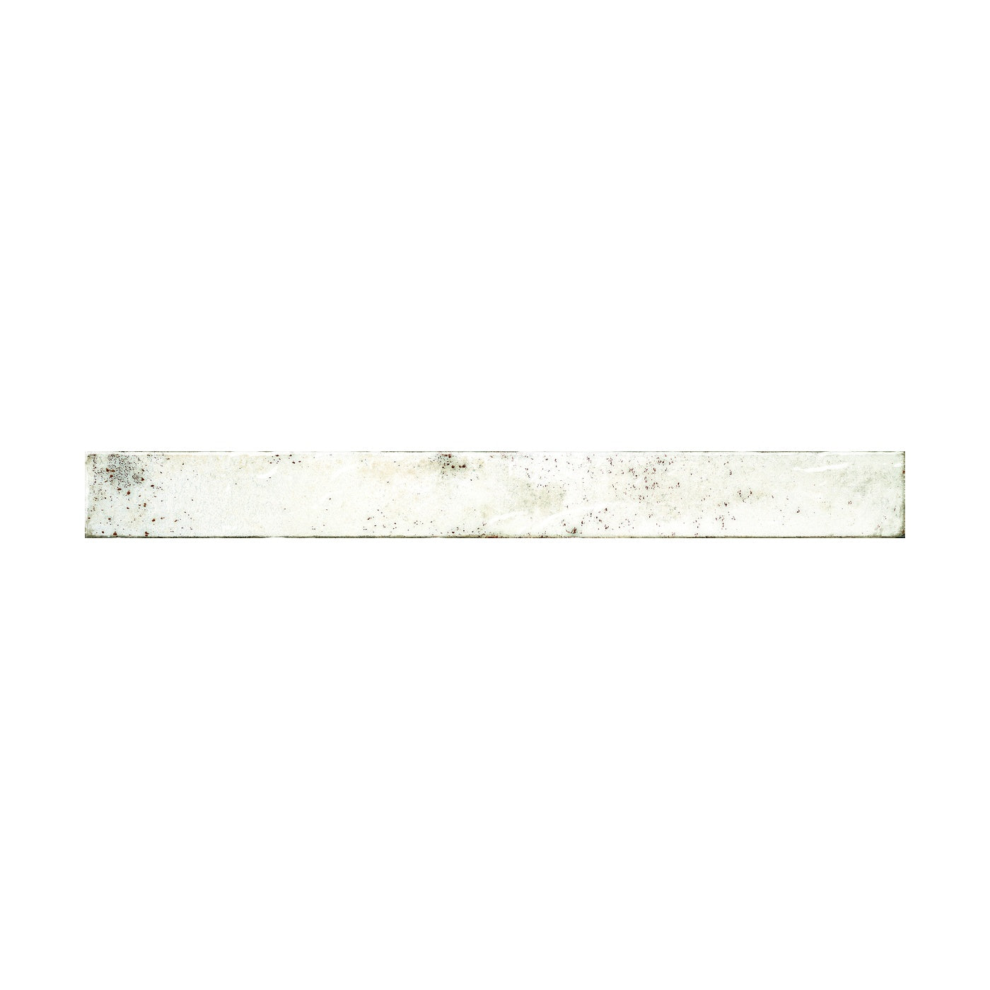 Image of A rectangular, distressed white ceramic tile with subtle gray and brown speckling, shown horizontally against a solid white background.