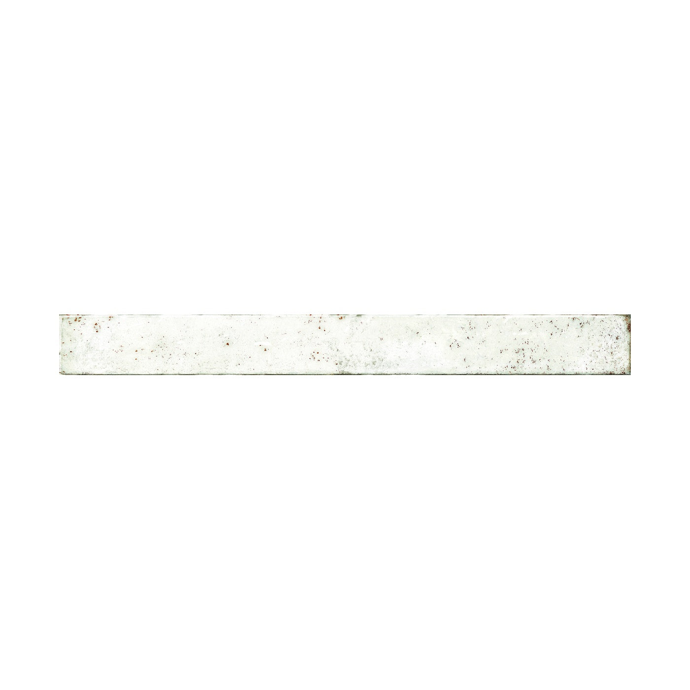 Image of A rectangular, distressed white ceramic tile with subtle gray and brown speckling, shown horizontally against a solid white background.