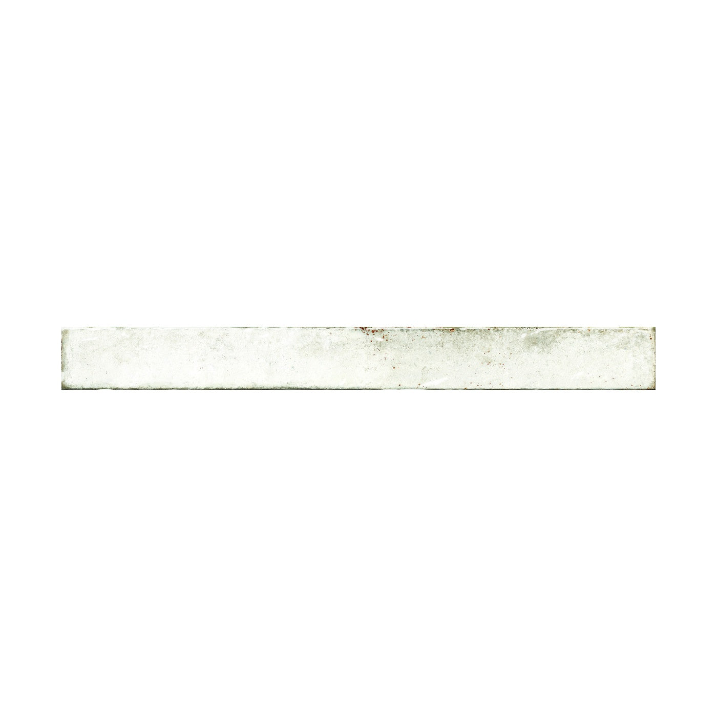 Image of A rectangular, distressed white ceramic tile with subtle gray and brown speckling, shown horizontally against a solid white background.