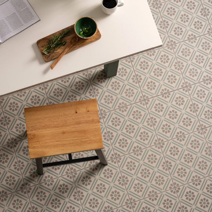 Patterned tile floor with a wooden stool and a white surface with a cup and bowl.