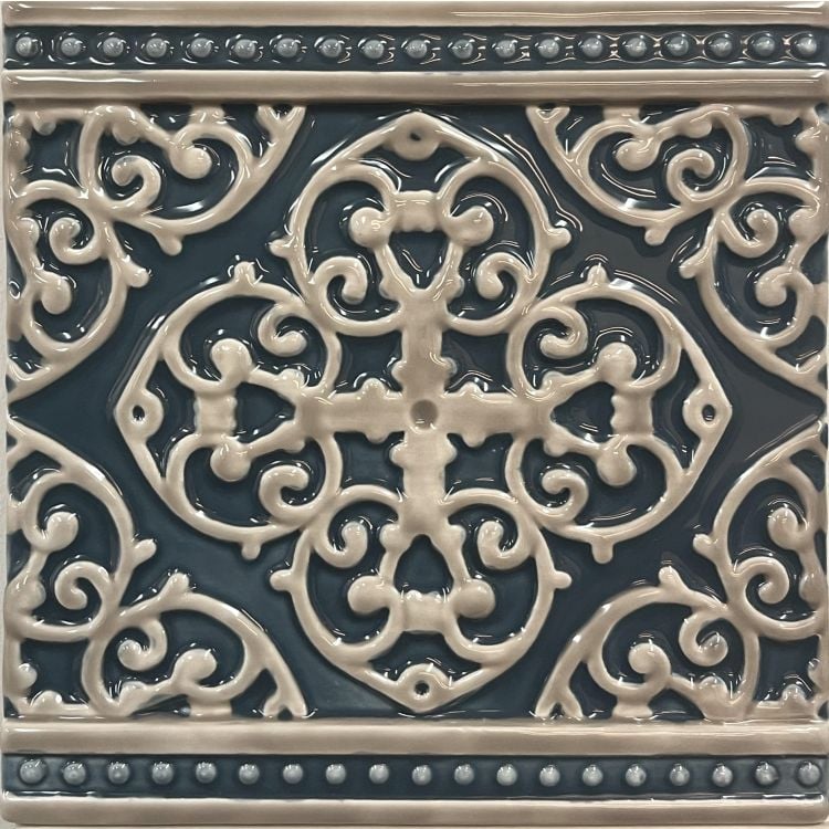 Image of Grosvenor Palladian Beige on Ascot Blue Tile 15.2x15.2cm-Ceramic Tiles-Original Style-Tile.co.uk