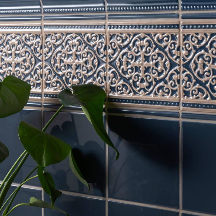 Image of Grosvenor Palladian Beige on Ascot Blue Tile 15.2x15.2cm-Ceramic Tiles-Original Style-Tile.co.uk