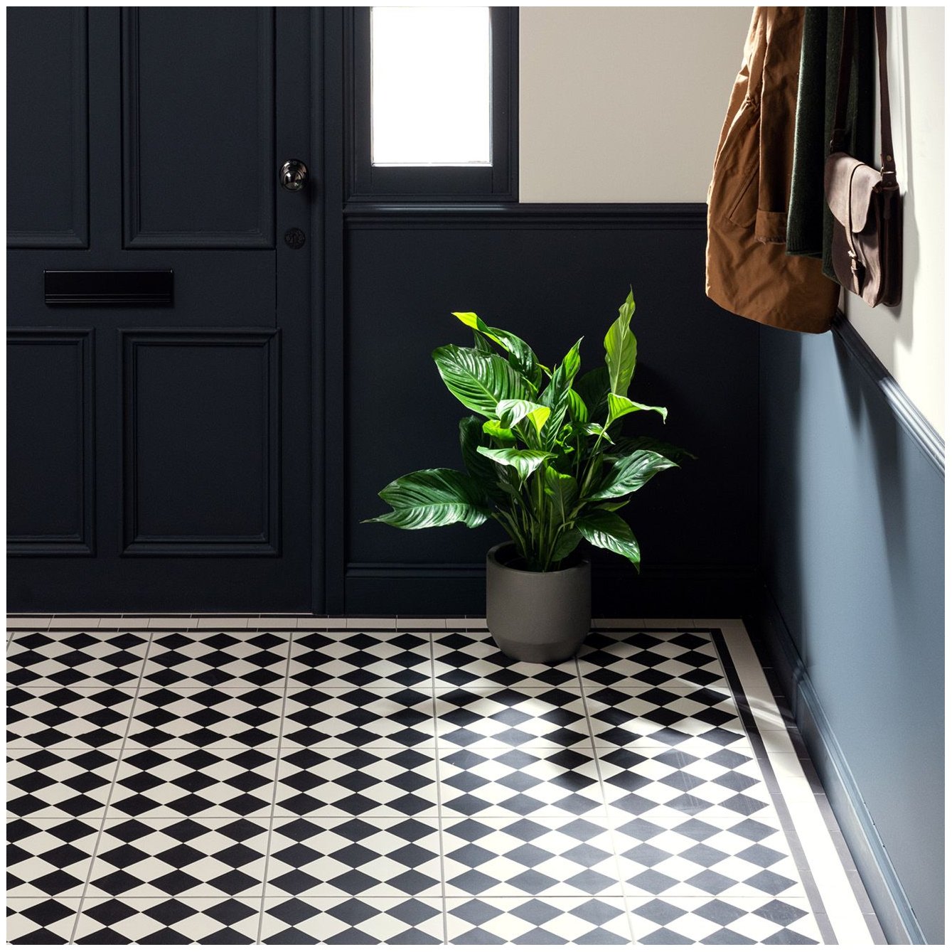 Image of Harlequin Large Black On Chalk 29.8x29.8cm-Porcelain tile-Original Style-Tile.co.uk