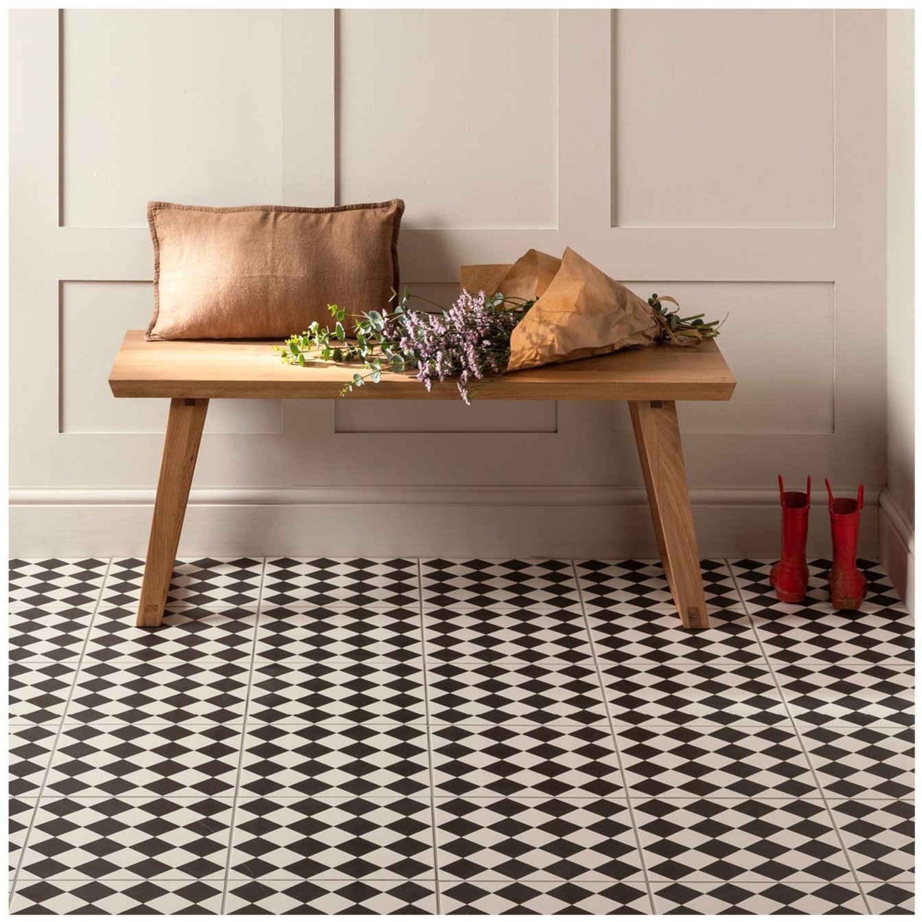 Image of Harlequin Small Black On Chalk 29.8x29.8cm-Porcelain tile-Original Style-Tile.co.uk