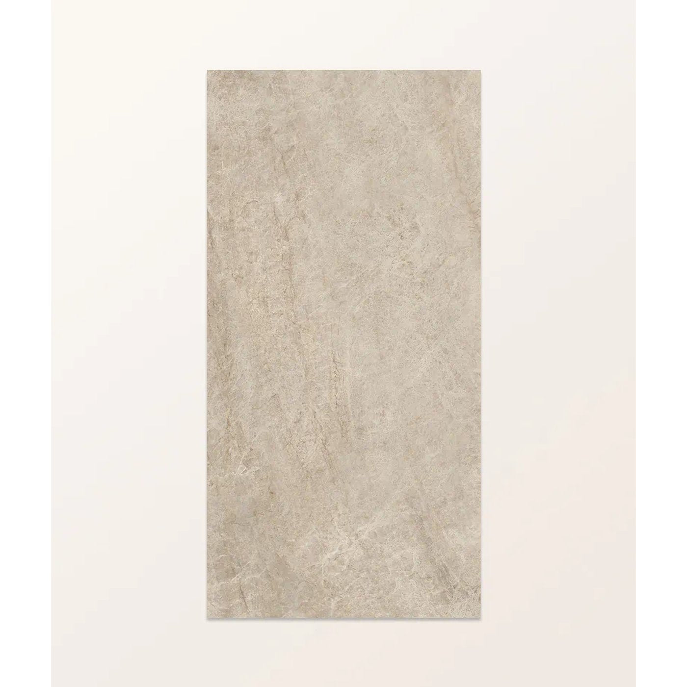 Image of A rectangular sample tile with a textured, stone-like finish in a light beige-gray color, centered on a solid off-white background.