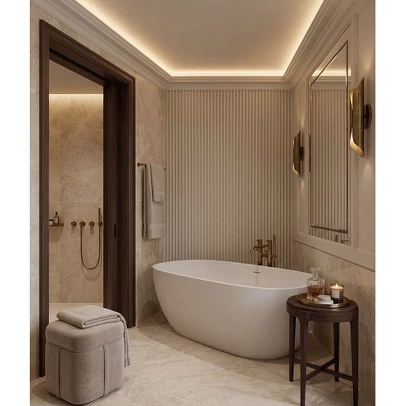 Image of A luxury freestanding bathtub in a modern spa bathroom with beige ribbed walls, warm ambient lighting, a dark wood door, and a small side table with candles.