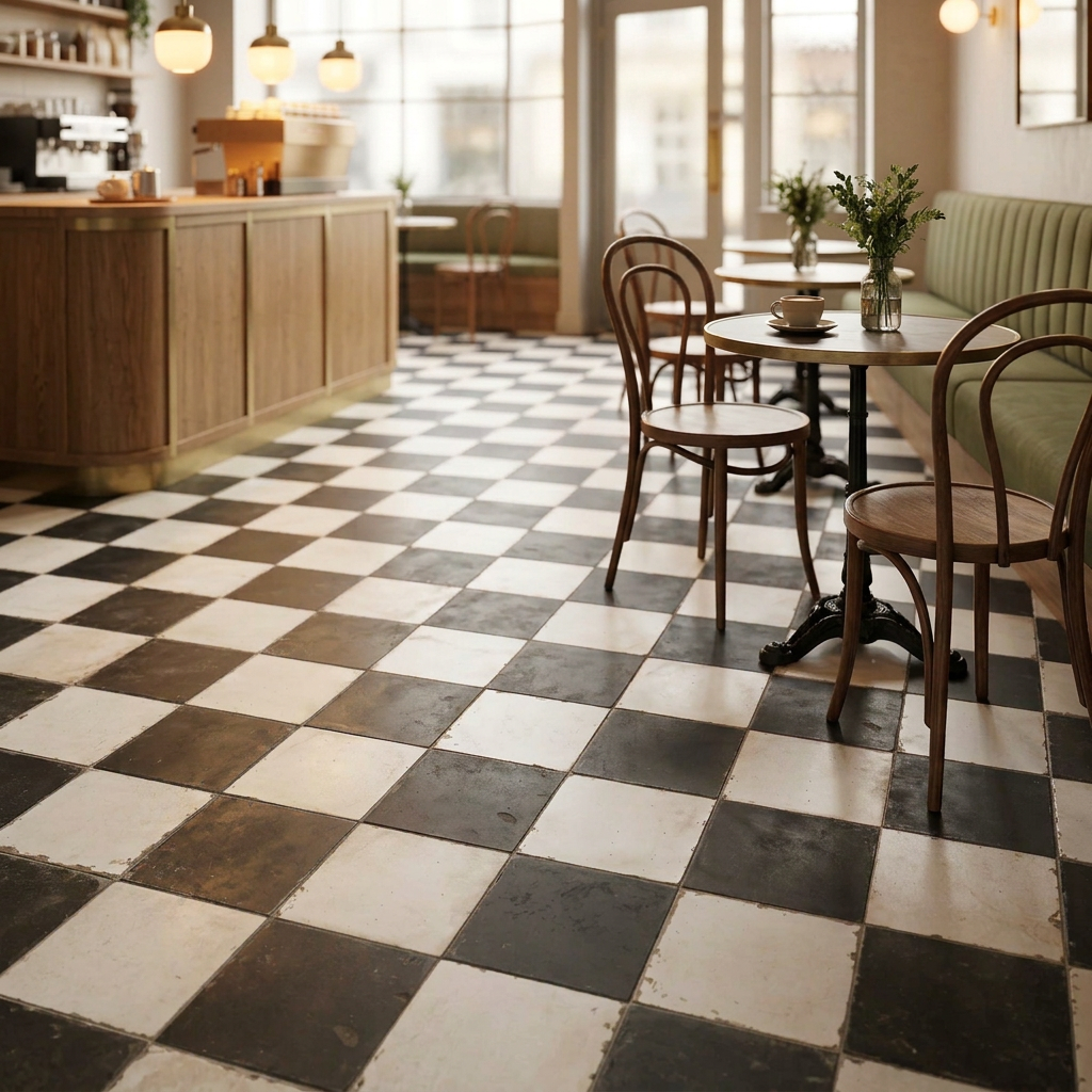 Image of Black and white chequer floor tiles in a café with warm pendant lighting and olive-green seating