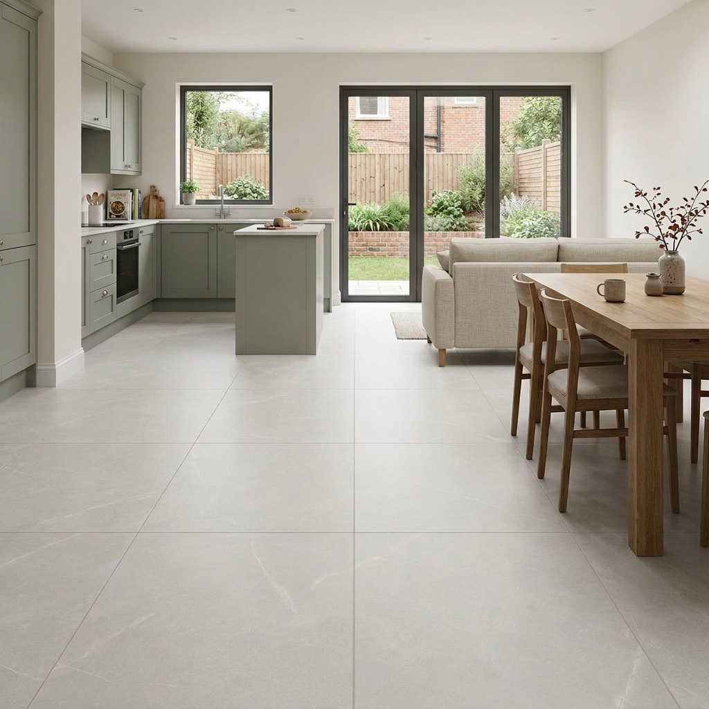 Image of Peru Silver tiles in a British-style open-plan kitchen, dining and living space