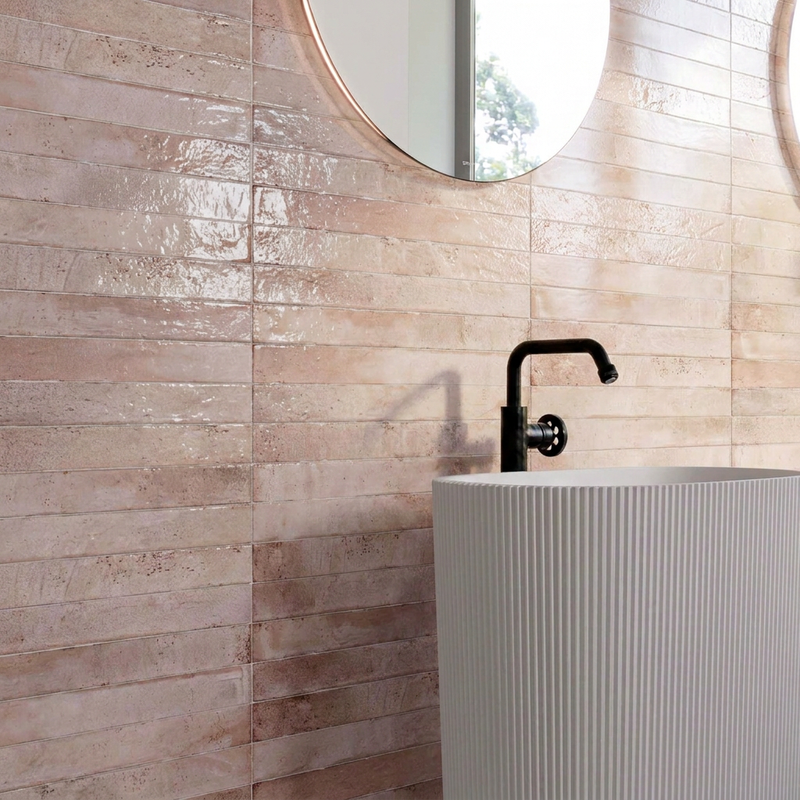 Image of Calle Pink textured pink tiles in a bathroom with a black tap and white ribbed basin