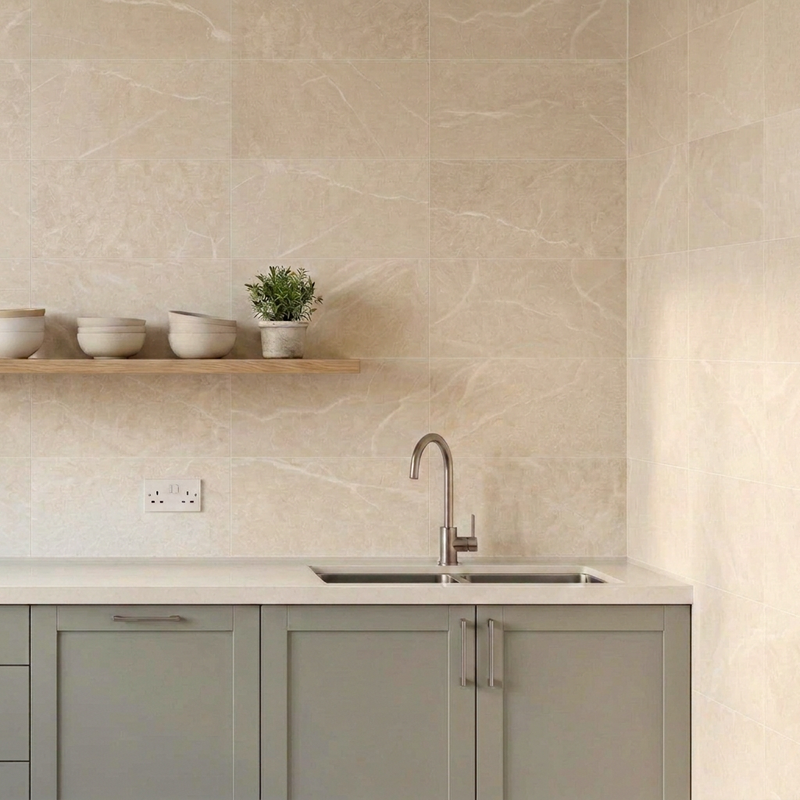 Image of Marseille Beige 30x60cm tiles in a modern kitchen with warm beige tiled walls