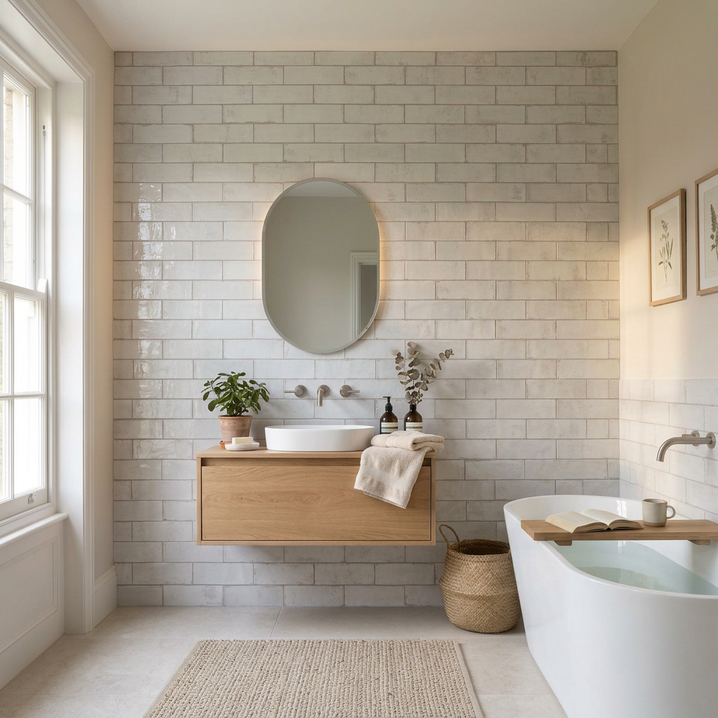 Image of Zellige Arctic brick wall tiles in a cosy bathroom, square view
