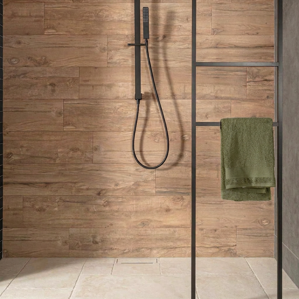Image of New Forest Oak wood-effect tiles in a shower with Capri white limestone flooring and an olive-green towel