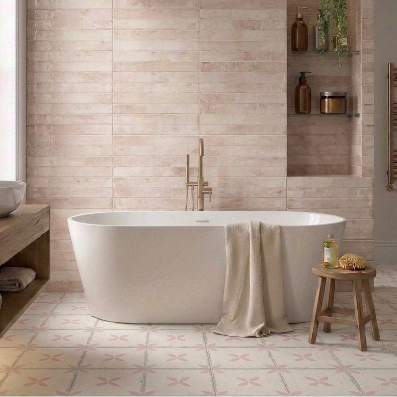 Image of Bathroom with Calle Pink wall tiles and Maria Rosa patterned floor tiles
