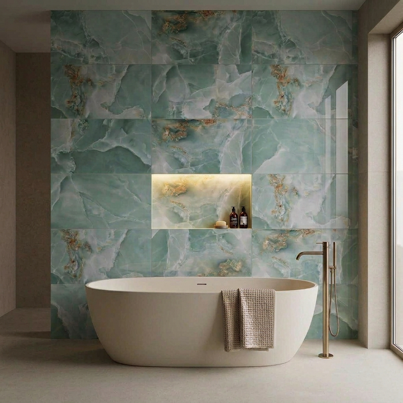 Image of Crystal Mint green marble-effect tiles in a bathroom with warm ambient lighting in the alcove above the bath
