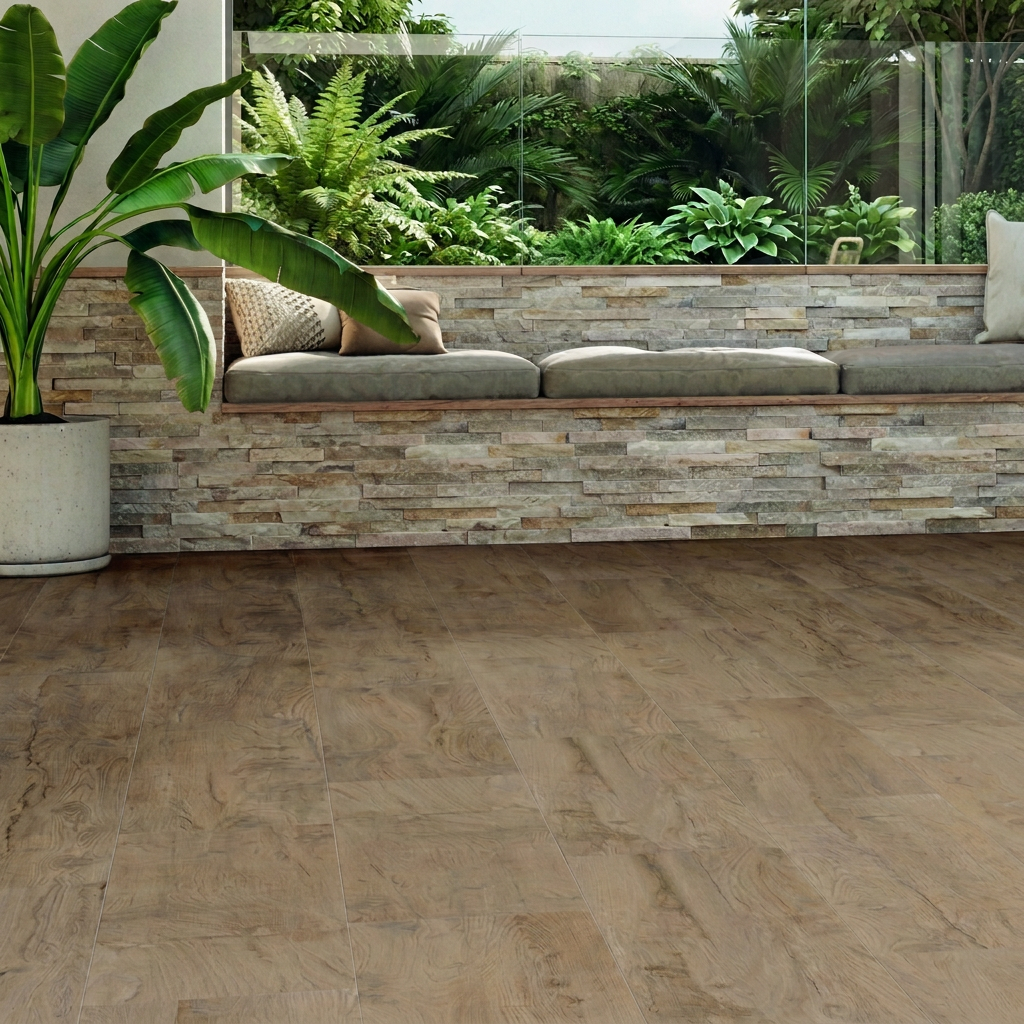 Image of New Forest Elm wood-effect plank floor tiles in a landscaped garden with Oyster Split Face Quartzite walls