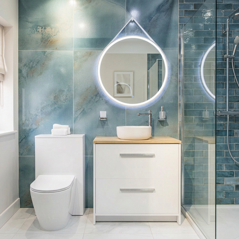Image of Bathroom with large Tropical Ocean Aqua wall tiles and small blue brick tiles in the shower area