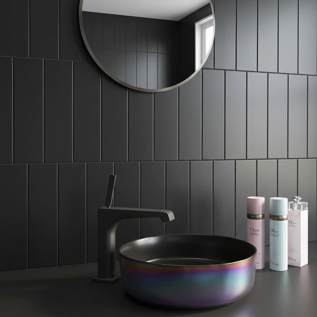 Image of Flat Matt Black tile 7.5x30cm shown in a bathroom scene with the rainbow tiles replaced by flat matt black tiles