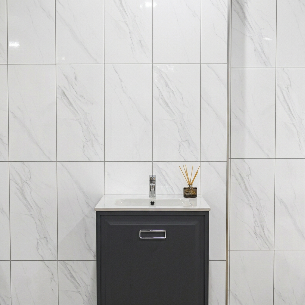 Image of Butler White wall tiles with a charcoal vanity, white basin and chrome tap, viewed from the front