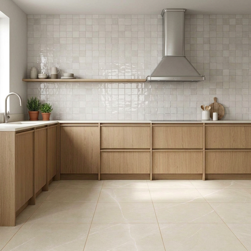 Image of Kitchen with Peru Beige 60x60cm floor tiles, Maroc Bianco tiled feature wall and traditional silver cooker hood