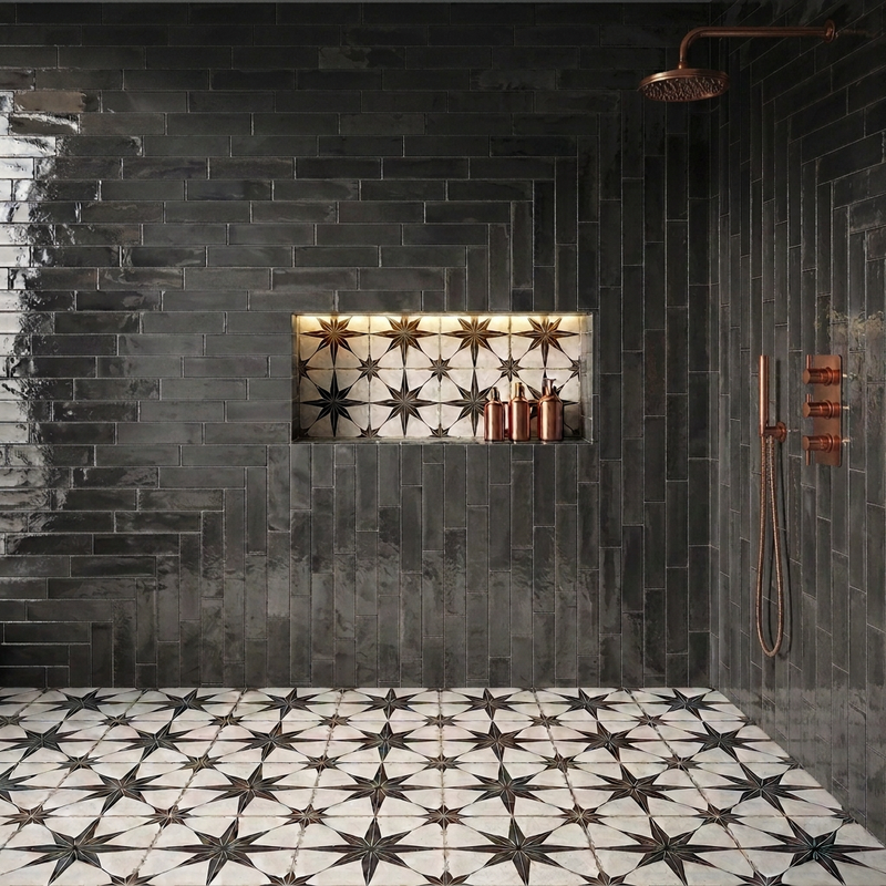 Image of Nissel Black brick tile shower room in a softened charcoal finish with copper fittings, illuminated alcove and star-patterned floor