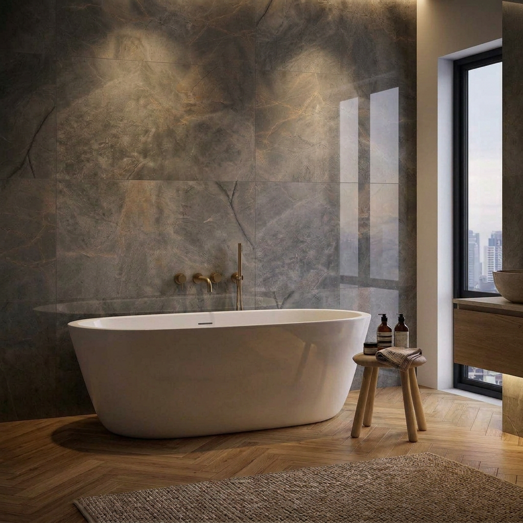Image of Bathroom featuring Wonderlust Graphite polished wall tiles, oak herringbone parquet flooring and warm mood lighting