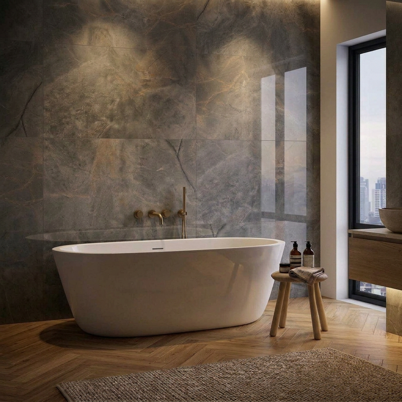 Image of Bathroom featuring Wonderlust Graphite polished wall tiles, oak herringbone parquet flooring and warm mood lighting