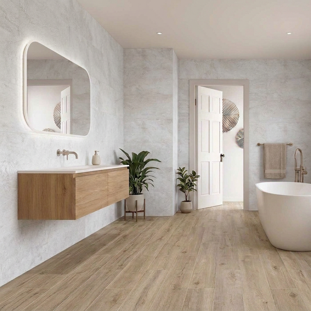 Image of Contemporary bathroom with cool grey-white Travertine White wall tiles and New Forest Elm Wood flooring