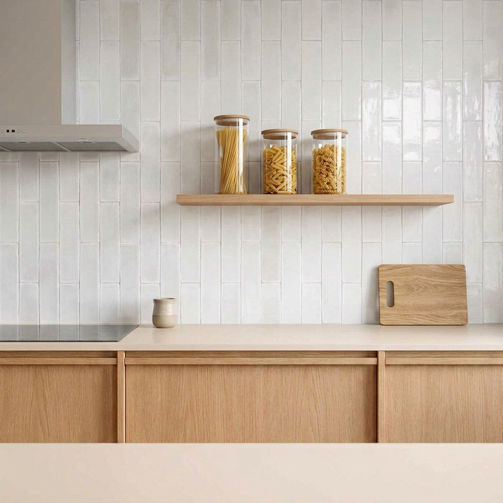 Image of Crackle Brick White Tile 7.5x30cm kitchen backsplash with warm oak cabinetry and an oak shelf holding glass pasta jars