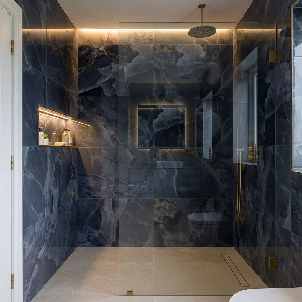 Image of Crystal Midnight Black marble-effect tiles in a walk-in shower with warm mood lighting and brass fittings