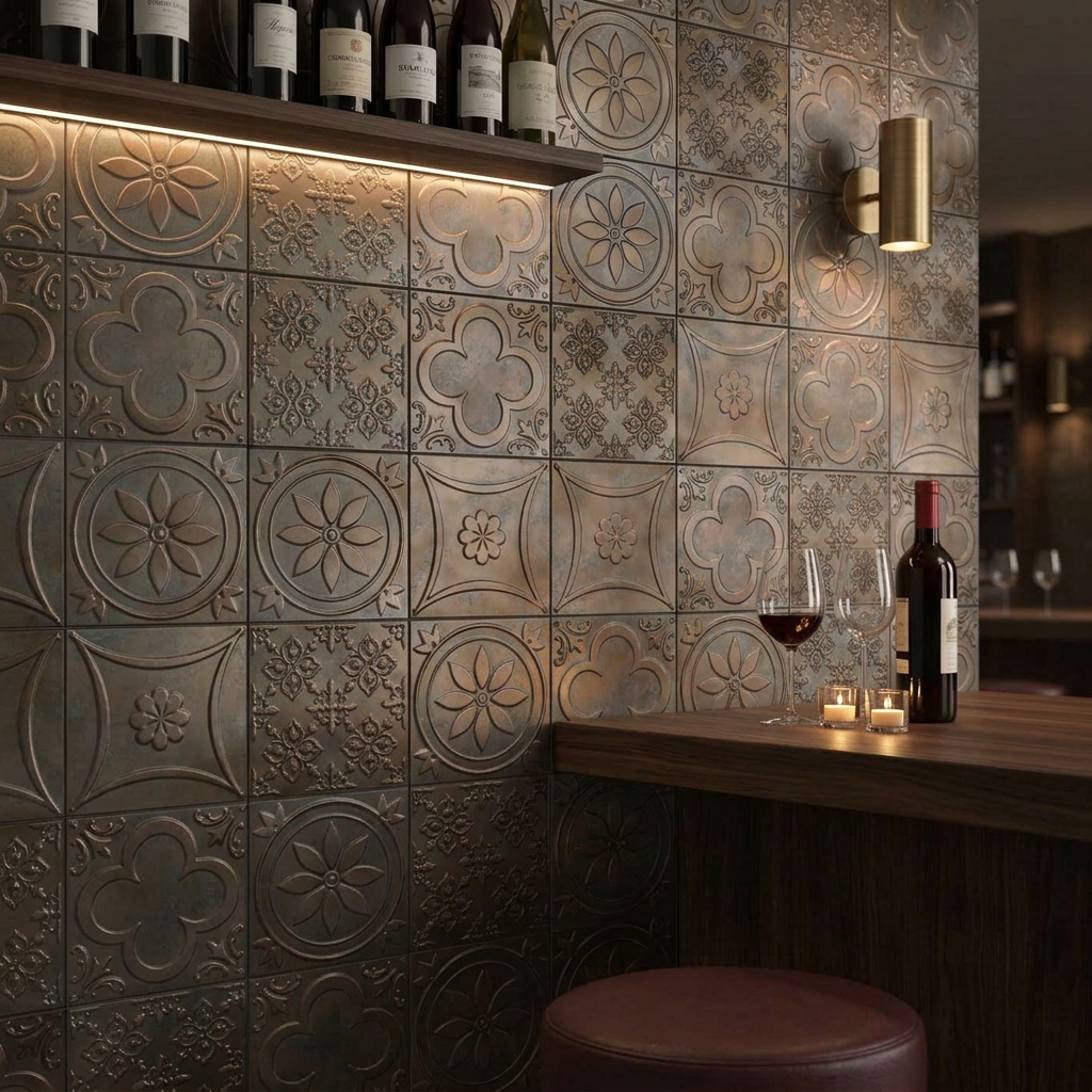 Image of Lucciola Bronce satin-finish embossed tiles in a wine bar with warm mood lighting