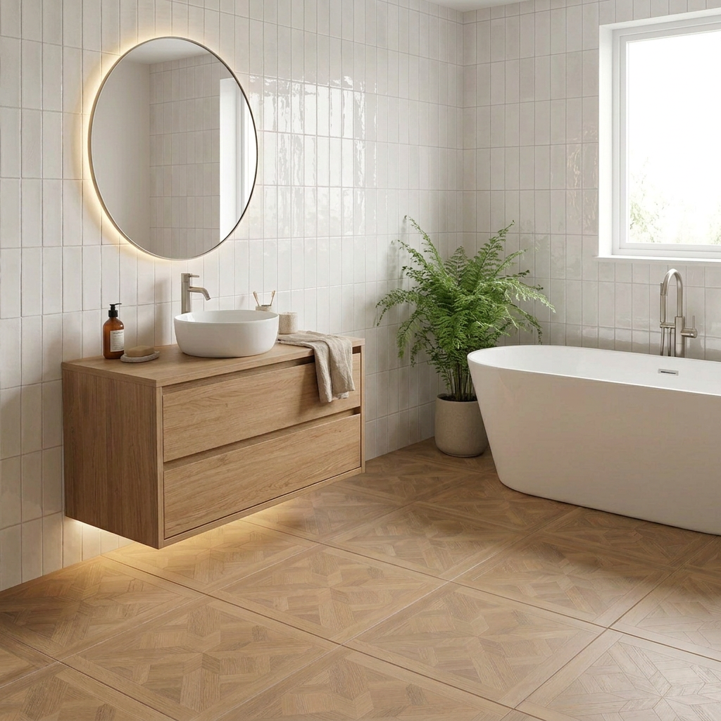 Image of Bathroom with Crackle Brick White wall tiles, French Parquet Oak floor tiles, oak basin unit, ambient lighting and a fern