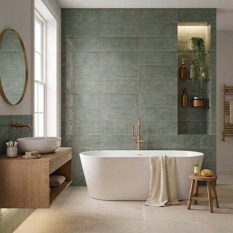 Image of Montblanc Sage tiled bathroom with warm under-vanity lighting, glass shelves, luxury bottles and a trailing string-of-pearls plant.